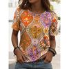 Damen-T-Shirt mit floralem und geometrischem Muster im Vintage-Stil, klassisch, kurzärmelig, Rundhalsausschnitt, normale Passform, ideal für Alltag und Wochenende, Sommer