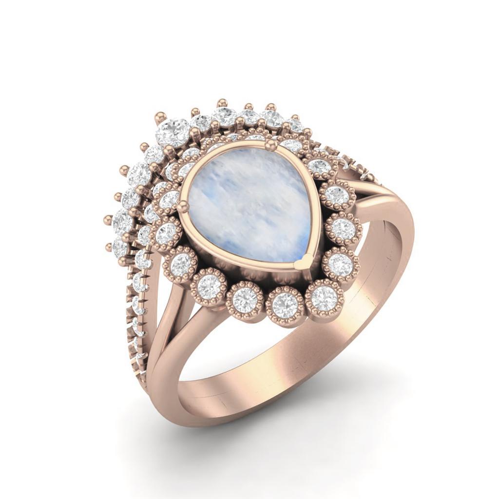 925 Sterling Silver Rose Vermeil 1.99 Cts Pear Shape Moonstone Solitaire Tiara Crown Women Wedding Ring