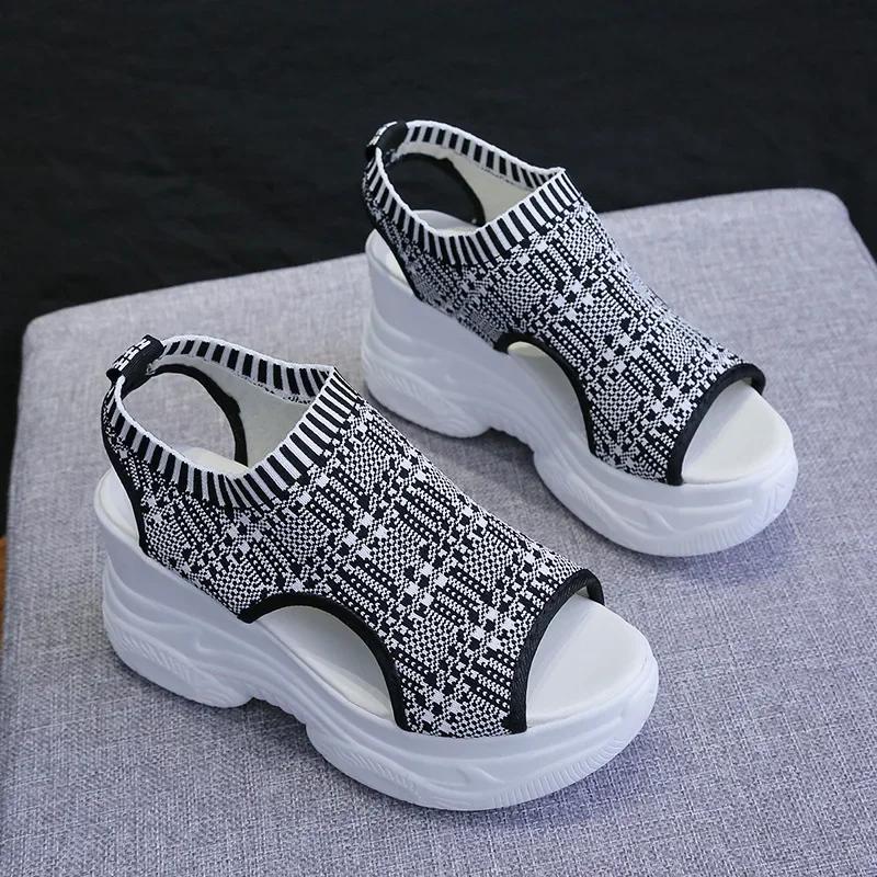 Sandals Women Summer Fish Mouth Shoes Knitting Mesh Breathable Wedge Platform Sport Sandals Shoes Casual