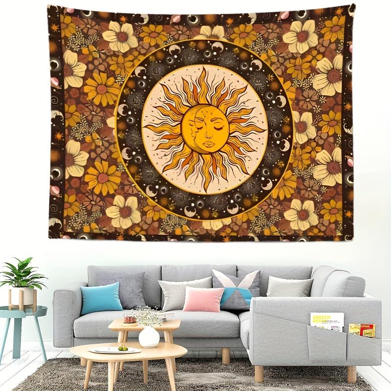 1 Bohemian Sun and Moon Tapestry with Floral and Celestial Patterns - Vintage Wall Hanging for Bedroom, Dorm, Polyester Fabric