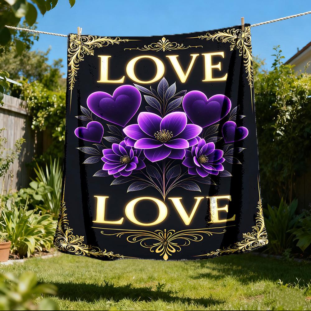 1pc Purple Flowers Love Throw Blanket Polyester Fiber, Lightweight Flannel, Soft & Warm, All Season Use for Outdoor, Camping