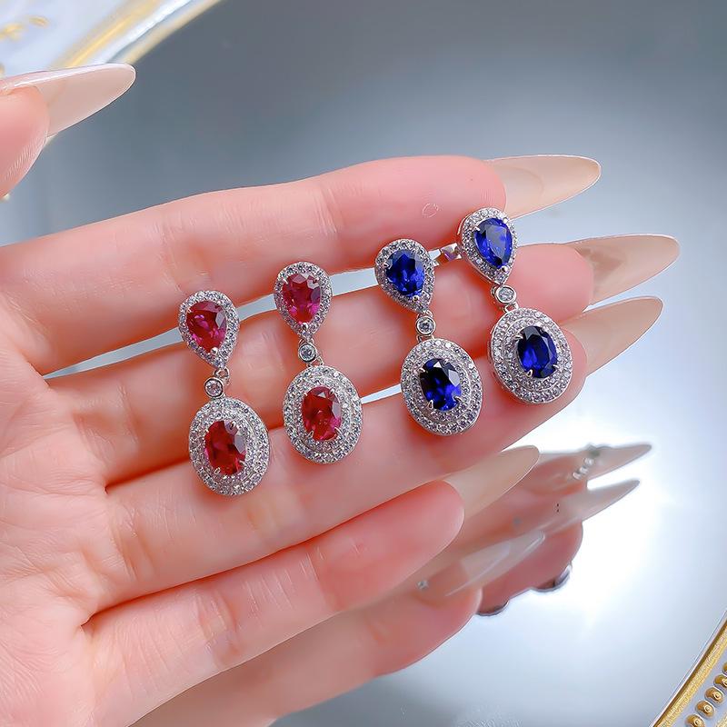Luoxi Temple S925 Silver Pigeon Blood Red Blue Sapphire Earrings for Women - Pear-shaped Oval 5*7mm