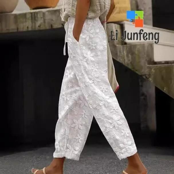 Women's Casual Pockets Elastic Waist Solid Pants Loose Long Trousers  Pants