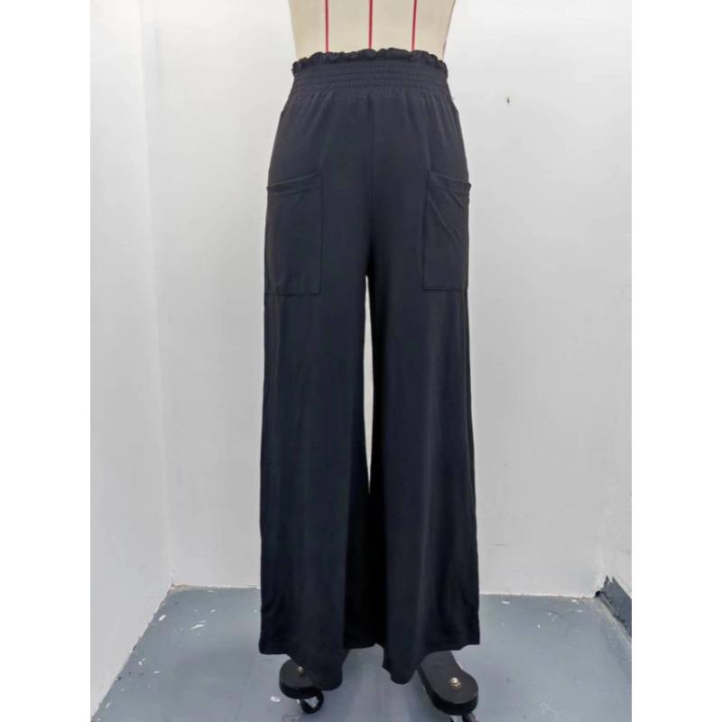 Fashion Loose Elastic Waist Women's Wide Leg Pants High Waist Casual Office Simple Office Trousers with Pockets Solid Color Elegant Clothing