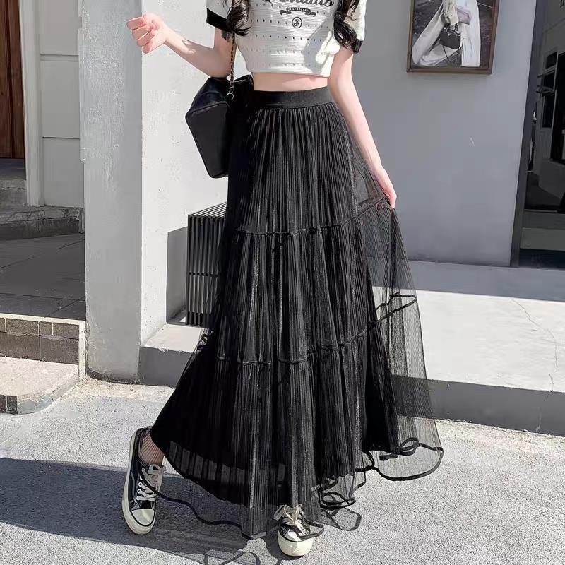 Elegant High-Waist Pleated Mesh Midi Skirt for Women - Summer Style