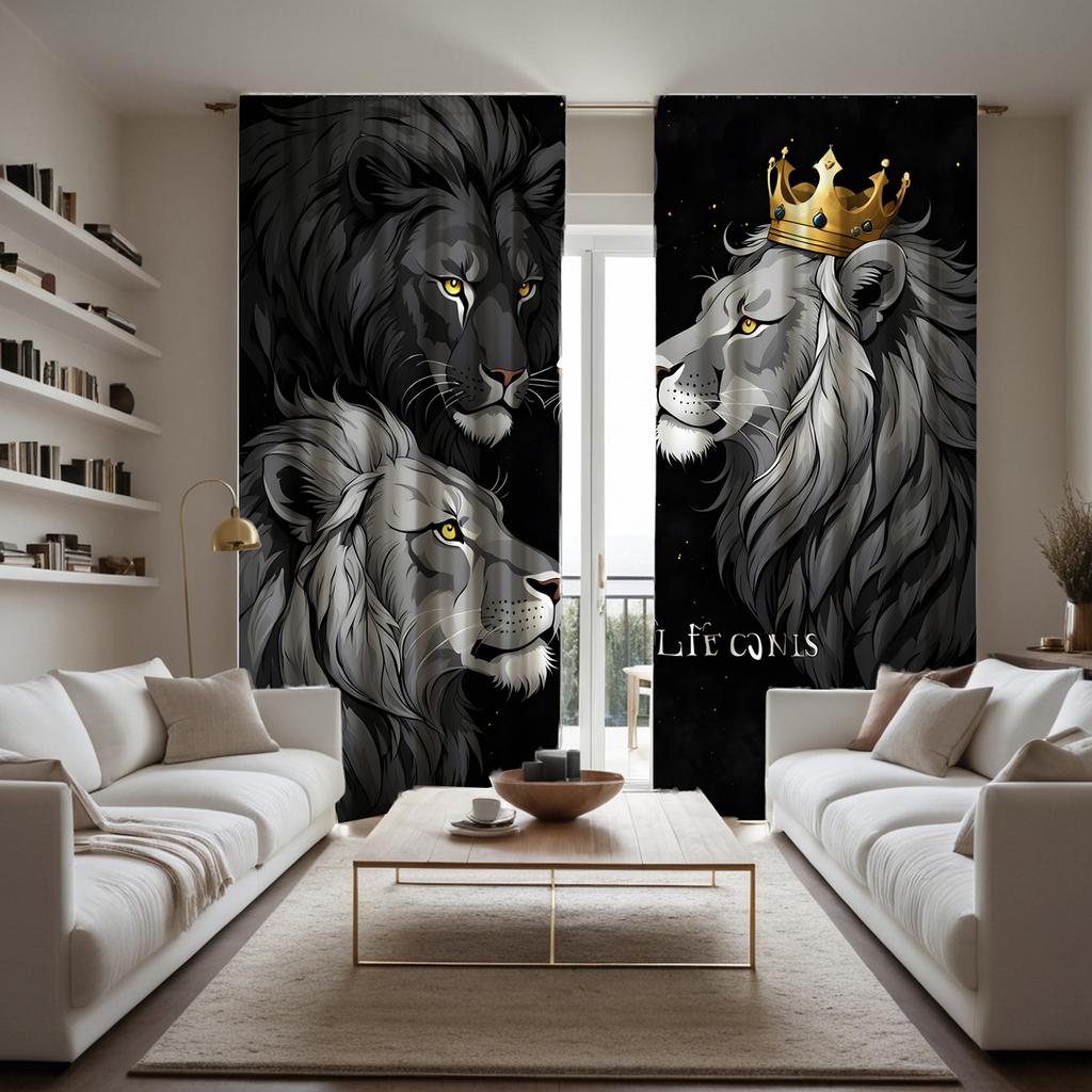 2pcs HD Three Lion decorative curtain Black tie digital printed curtain Home Decoration style Decoration living room bedroom