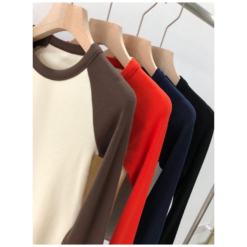 Top feminino de algodão com alta elasticidade, outono e inverno, vintage, contraste, raglan, cintura alta, manga comprida