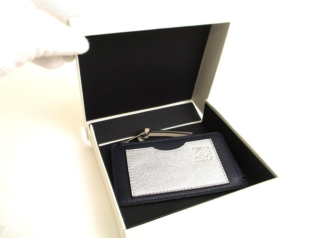 Authentic LOEWE Navy Blue Silver Soft Grained Calfskn Coin Cardholder Coin Purse #b044  Open Box