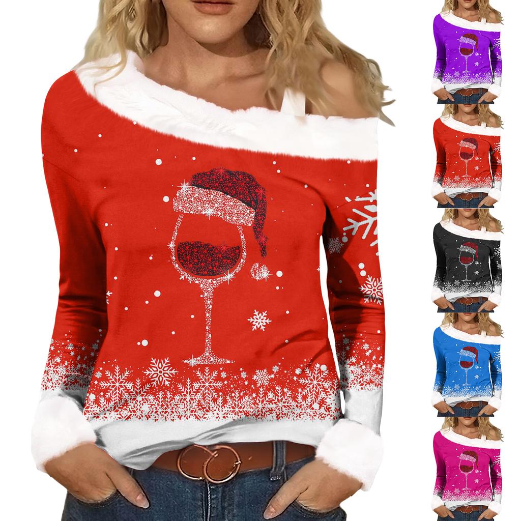 Women's Casual Fashion Sexy Off-Shoulder Collar Christmas Pattern Long Sleeve Crewneck T-Shirt Top