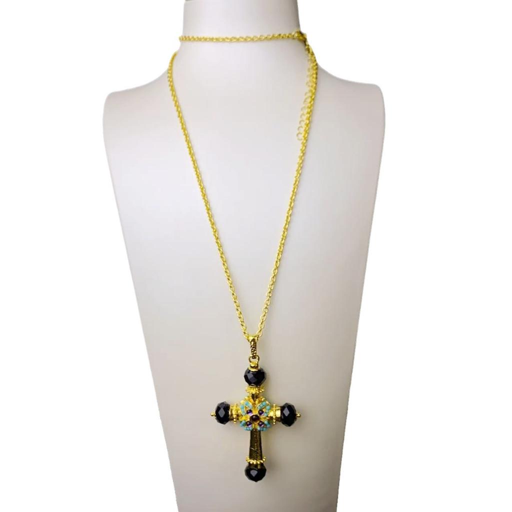 Retro Cross Pendant Multi-color Necklace for Sweaters Chain Jewelry Accessoy