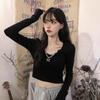 Design Sense Niche Spice Girl Black Short Long Sleeve T-Shirt Autumn New Slim Skinny Bottom Top Women