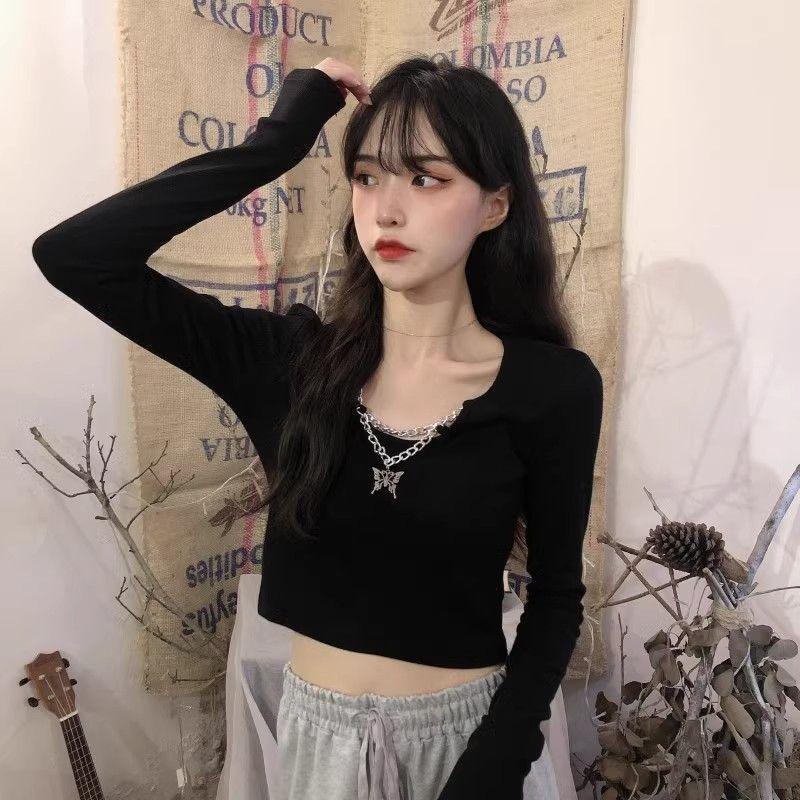 Design Sense Niche Spice Girl Black Short Long Sleeve T-Shirt Autumn New Slim Skinny Bottom Top Women