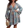 Plus Size Women's Fashion Print V Neck Long Sleeve Flared Sleeve Dress