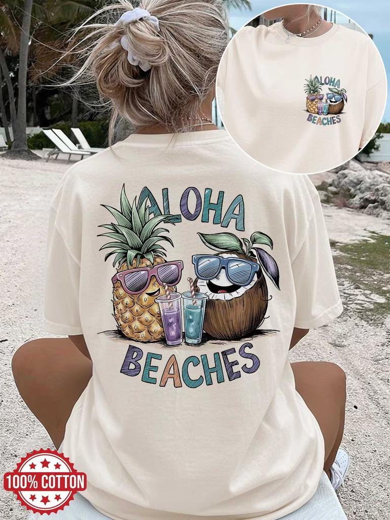 Y2k Beach Print Casual Funny 100 Tshirt Cotton Unisexs Fashion Print Round Neck Short Sleeve Top Chic Shirt Girls