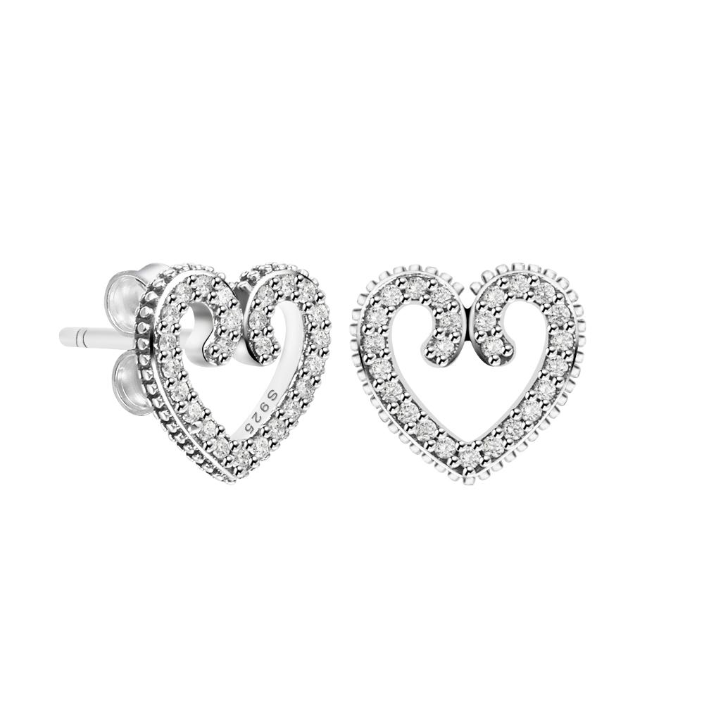 925 Sterling Silver Jewelry Clear CZ Heart Swirls Stud Earrings for Women Silver S925 Earings Pendientes Mujer