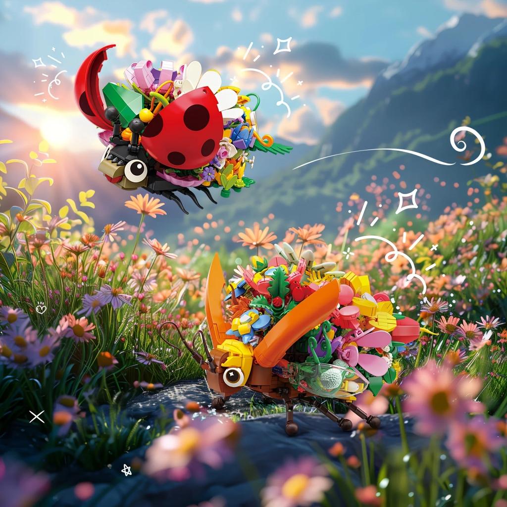 Kreatywne klocki budowlane w kształcie kwiatów i owadów biedronka żuk pszczoła model klocki dekoracja na biurko zabawki DIY dla dzieci prezenty świąteczne