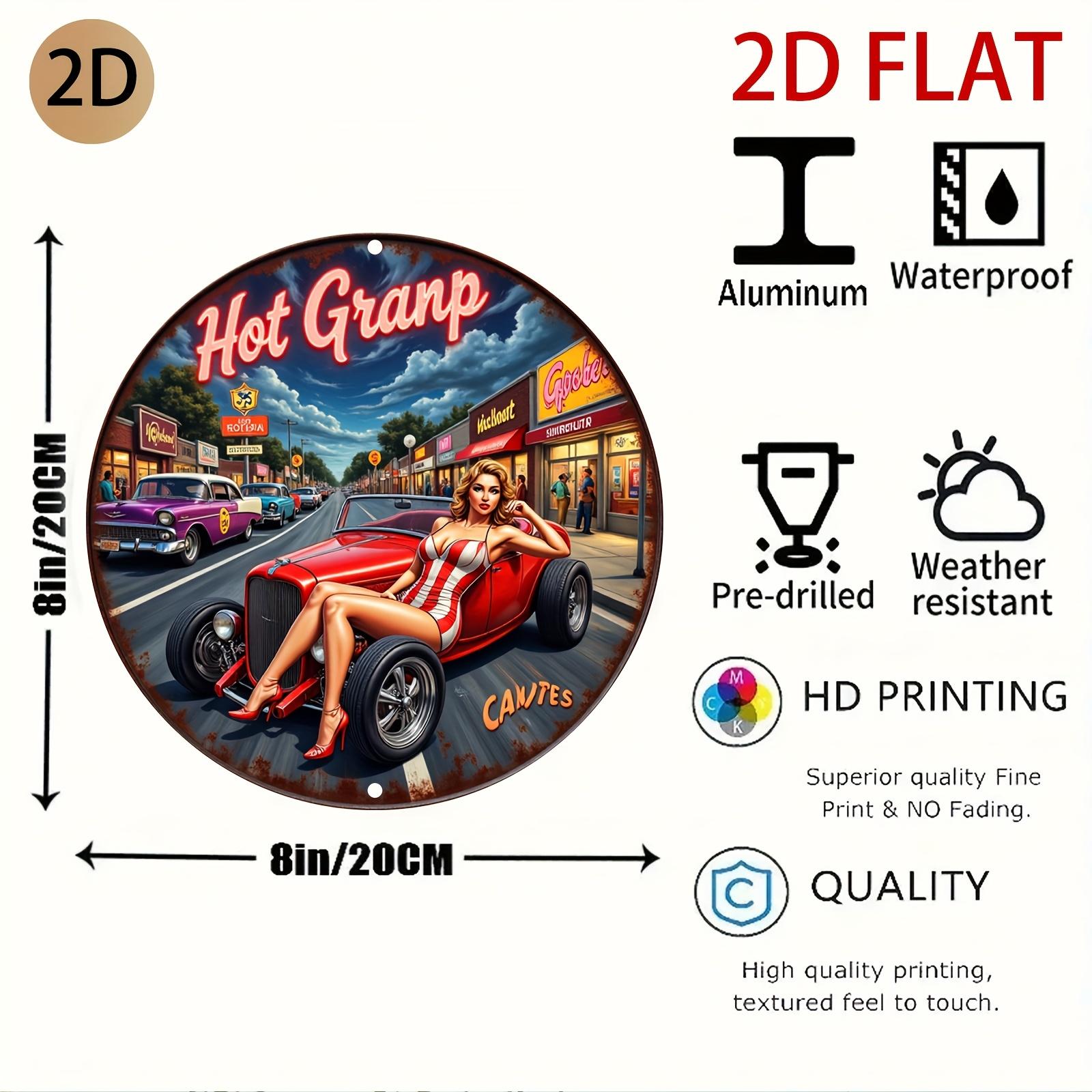 Vintage Hot Rod Retro Street Scene Metal Wall Art Circular Tin Sign with PinUp Girl Classic Cars CANTES TextRustic Garag 20x20cm(8x8inch)