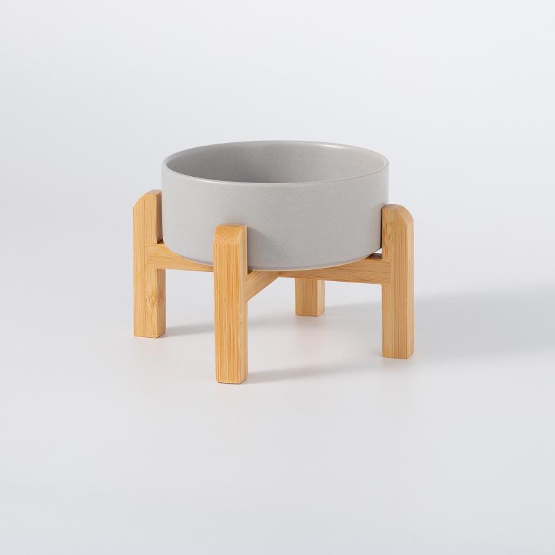 Ceramic Pet Food Bowl with Elevated Bamboo Stand - Anti-Tip Design for Dogs and Cats, Protects Cervical Spine