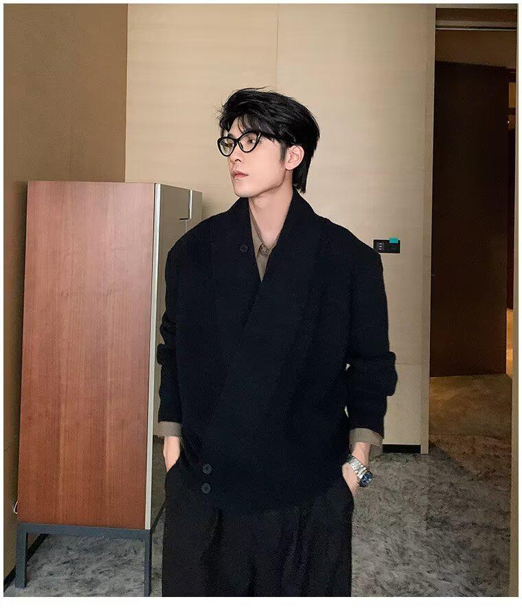 Men's Retro Japanese Cardigan - Autumn/Winter Heavyweight Knit Robe with Diagonal Placket