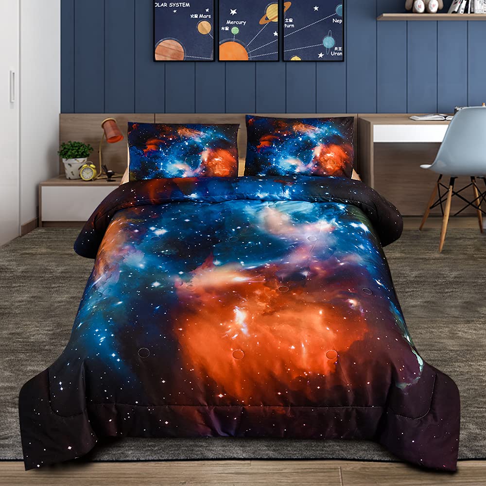 Galaxy Comforter Sets, 3D Outer Space Themed Bedding, All-Season Quilted Duvet, for Children Boy Girl Teen Kids with Pillow Sham