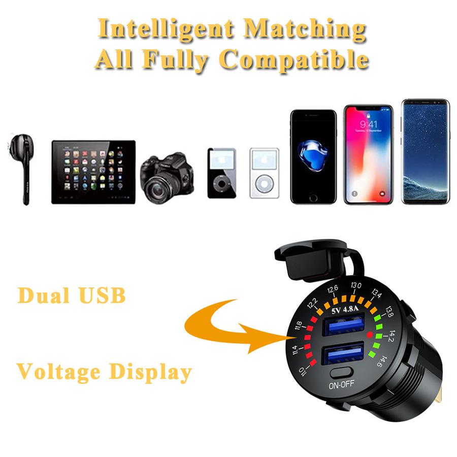 4.8A 12V Car Boat Dual USB Fast Charger Adapter Power Outlet Socket w/ Voltmeter
