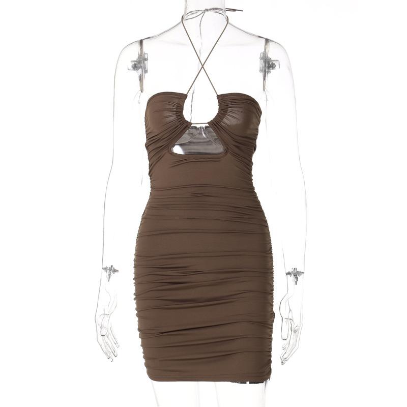 2022 Summer Solid Halter Šaty bez zad Y2K Fashion Bez rukávů Duté minišaty Dámské Sexy Club Party Šaty Bodycon Oblečení