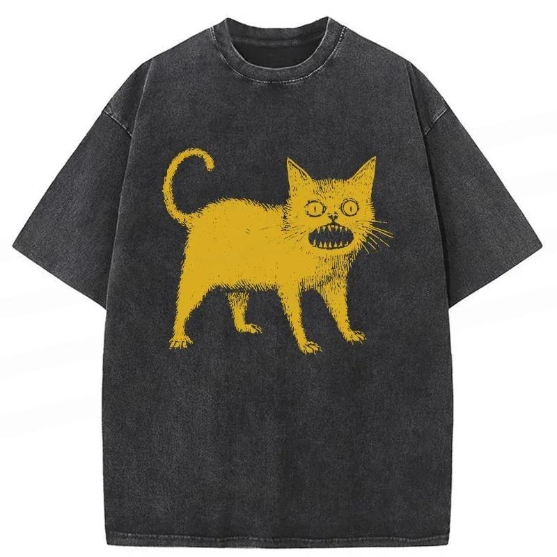 Vintage Washed2026 Funny Printed Casual Cotton T-Shirt Cat Printing Men Women Tops Summer Short Sleeve Holiday Street Clothes