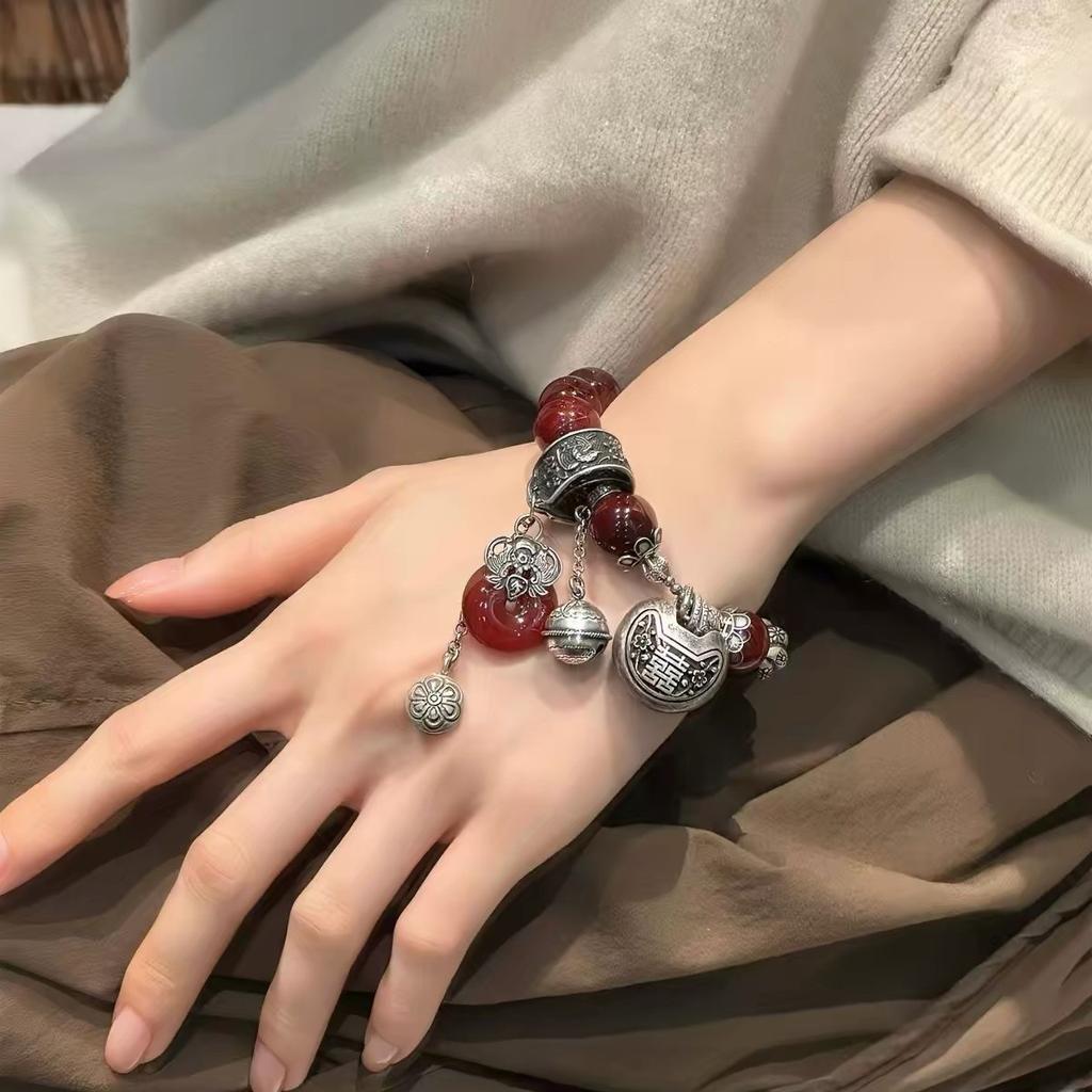 New Chinese Style Round Bead Safety Buckle Elastic Bracelet, Guochao Ethnic Double Happiness Lock Fringed Bracelet Versatile Multi-jewelry Bracelet