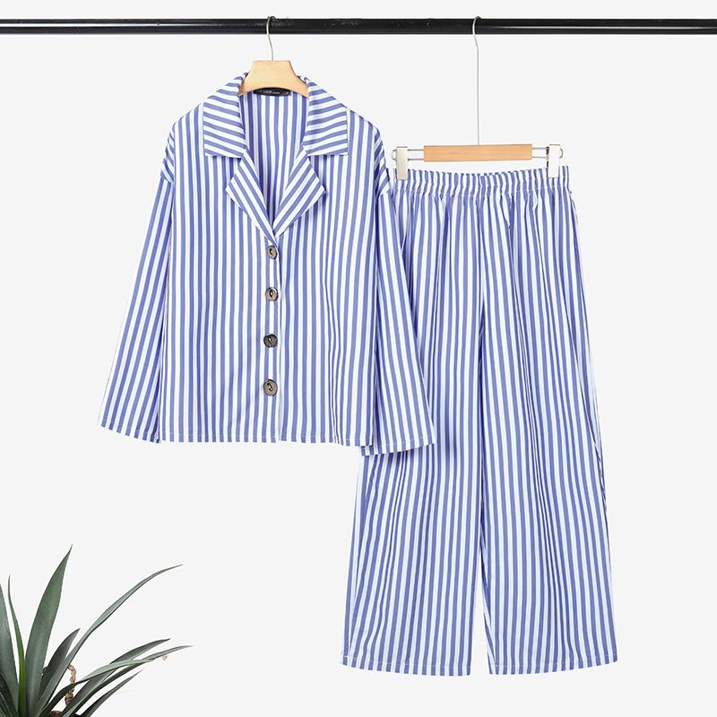 

ZANZEA Женская блузка с длинным рукавом и брюки Повседневный полосатый костюм-двойка 5XL тёмно-синий