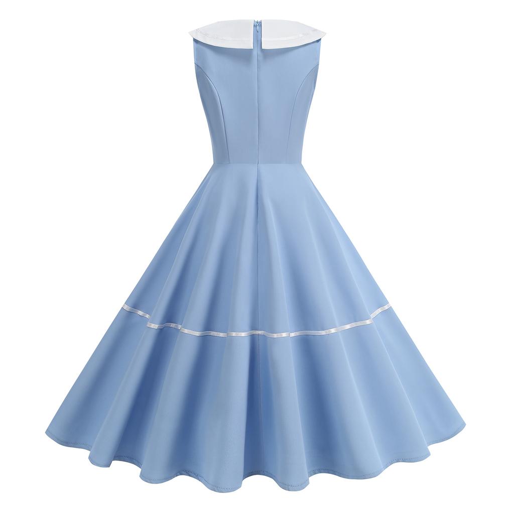 Retro Nautical-style Woven-strap Dress In a Hepburn-inspired Design, Featuring a Full Skirt and Mid-length Cut for a Sophisticated and Elegant Look
