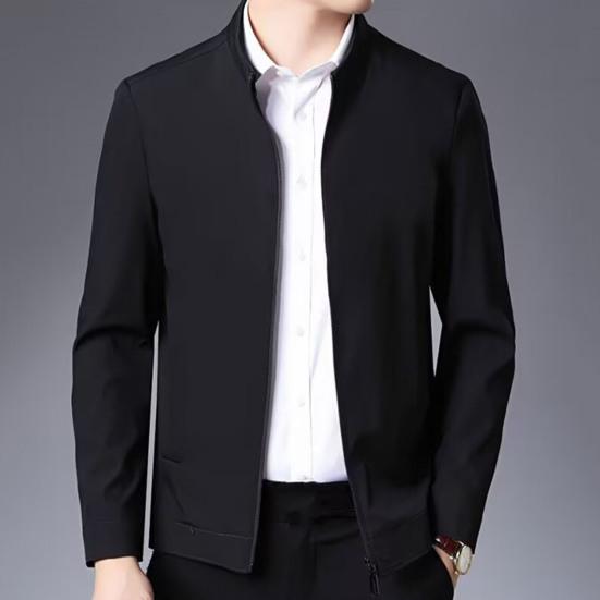 Men Jacket Lapel Long Sleeve Zipper Placket Middle-aged Coat with Side Pockets Solid Color Casual Jacket Outwear