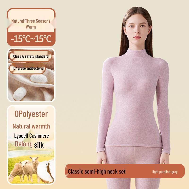 

Women s Wool Silk Acrylic Thermal Underwear Set: Half High Neck, Antibacterial, Plus Velvet for Winter Warmth L (110-125 cm)