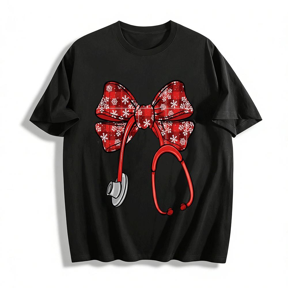 Christmas Plaid Stethoscope Bow Medical Themed Casual Top Pure cotton T-shirt XXS