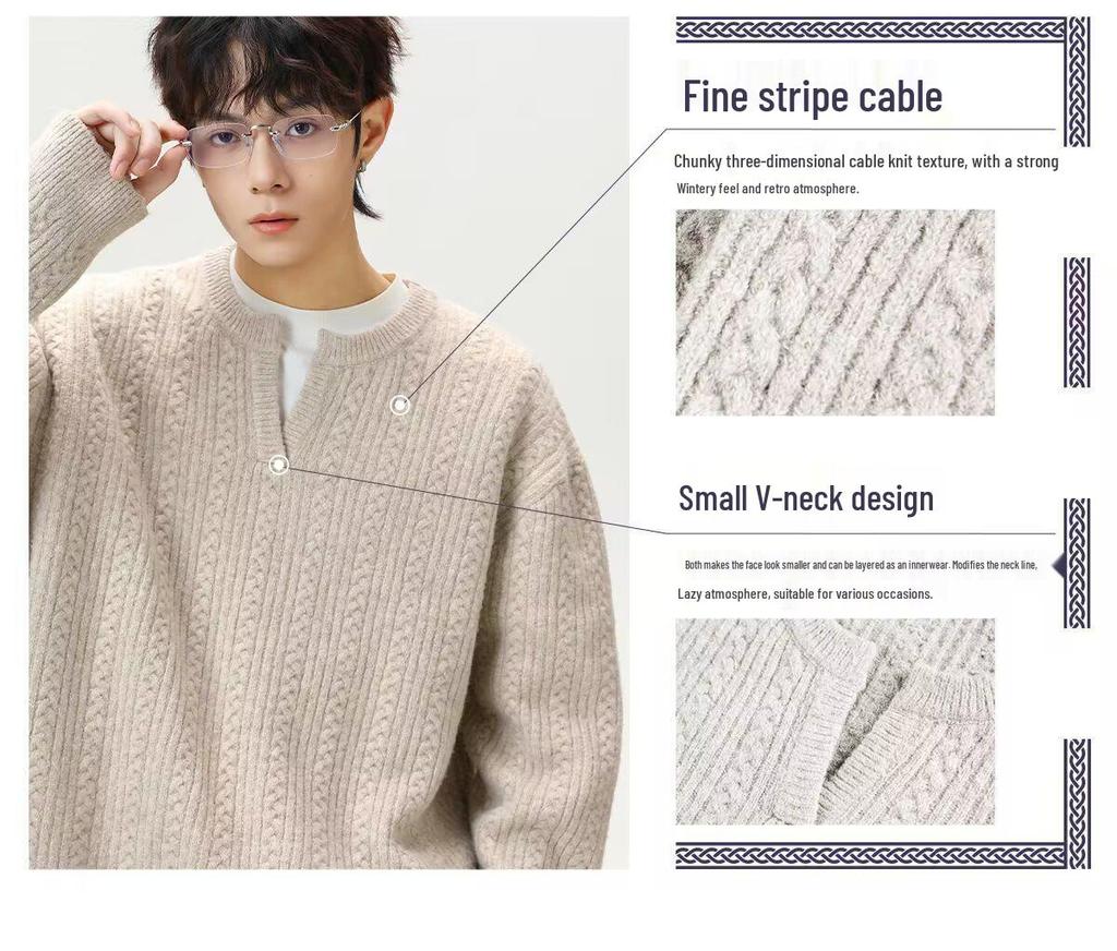 Men’s Retro V-Neck Cable Knit Sweater - Loose Fit, Solid Color, Autumn/Winter Pullover