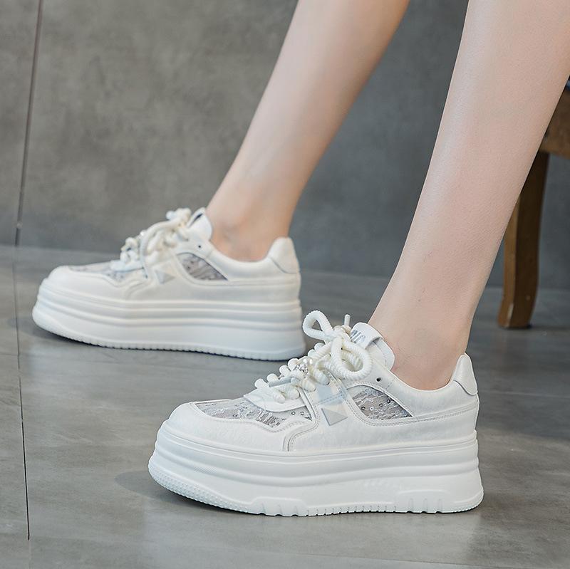 Fashion Mesh white shoes for women 2025 new spring hot items versatile sports genuine leather lace mesh sole board shoes