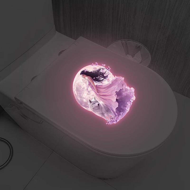 Glow-in-the-Dark Moonlight Fairy Wolf Toilet Sticker Toilet Lid Decoration Wall Decal Self-Adhesive Removable Luminous Decals