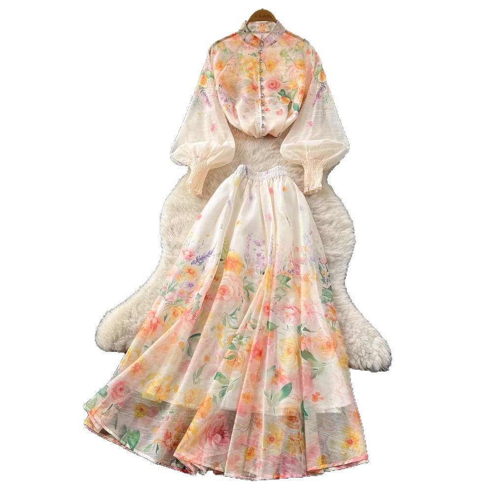 Elegant European Two-Piece Set: Lantern Sleeve Button-Up Top & High-Waist Printed Mesh Skirt