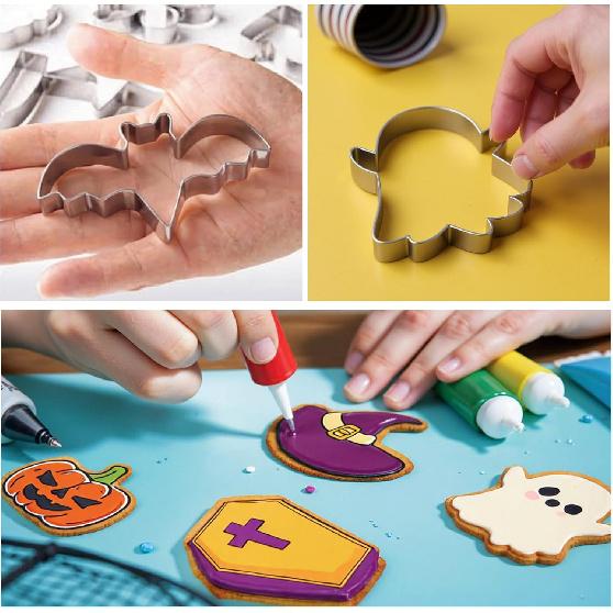 OHOME 9 PCS Halloween Cookie Cutters Kit Halloween Party Favors - Shaped In Bat Ghost Cat Pumpkin Coffin | Stainless Steel Halloween Party