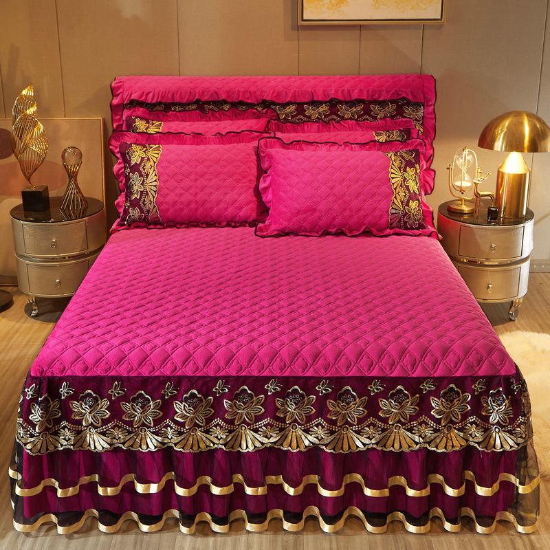 3pcs Luxury High-end Lace Fitted Sheet Set, Soft Comfortable Breathable Solid Color Clip Cotton Bedding Bed Skirt Style Mattress Protector Set