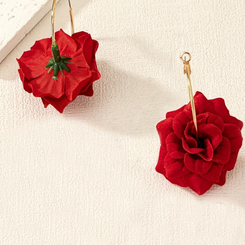 Hot-selling Big Red Bright Rose Hoop Earrings Exquisite Elegant Gentle Vacation Daily Travel Tassel