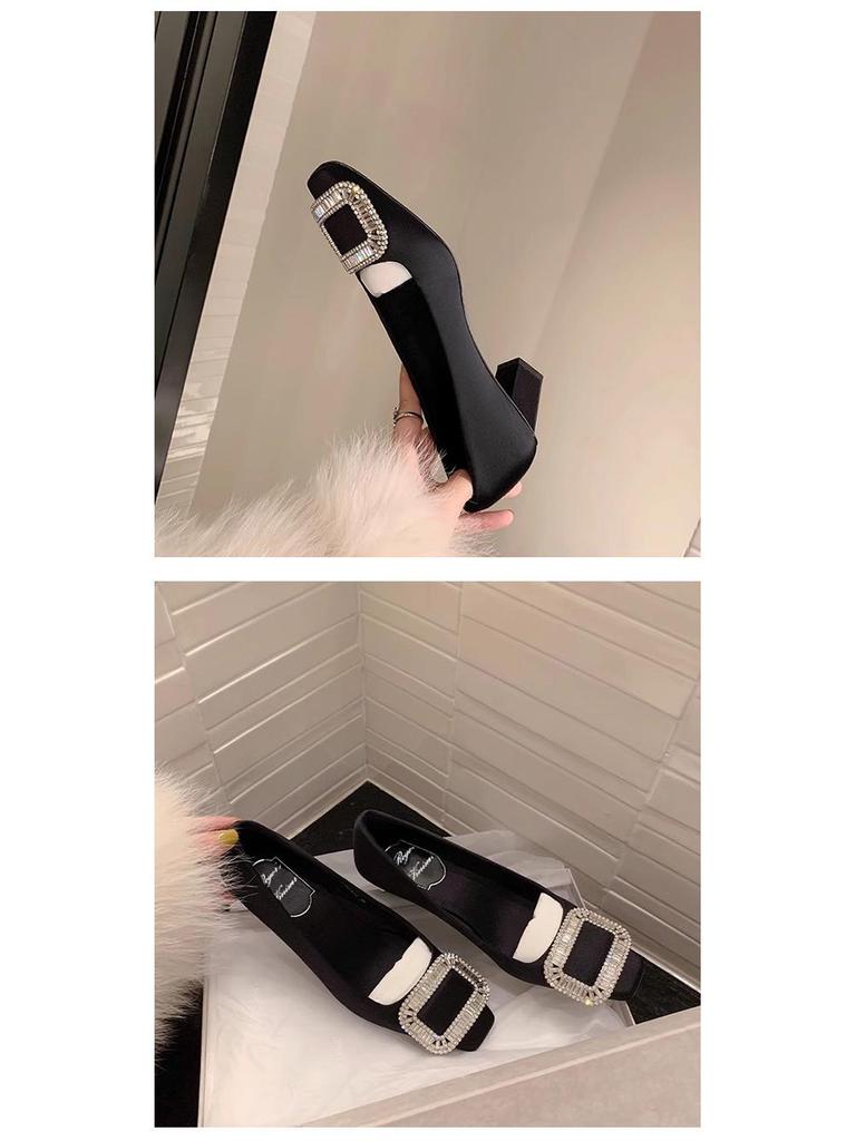 Spring/Summer Black Rhinestone Chunky Medium Heel Square Toe Boat Shoes with Buckle