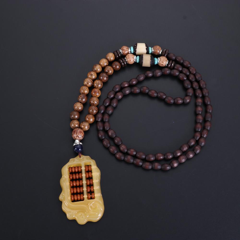 Vintage Party Lucky Gift Handmade Nepal Necklace Buddhist Mala Wood Bead Horn Fish Pendant