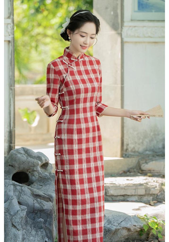 2025 Autumn Retro Plaid Comfortable Cheongsam Dress