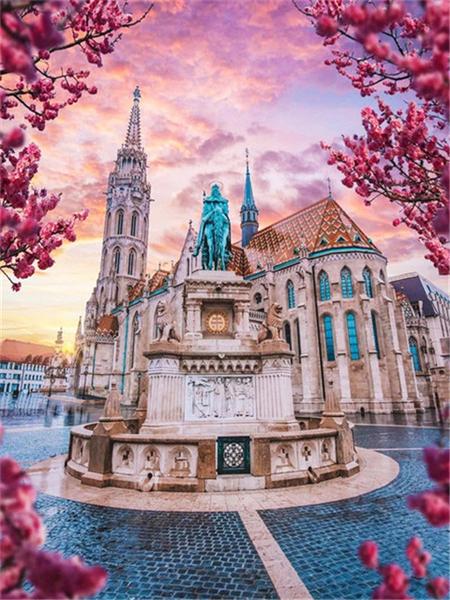 Full Square Round Diamond Painting Kit Cherry Blossoms Tree Diy Embroidery Mosaic Building Landscape Home Decor