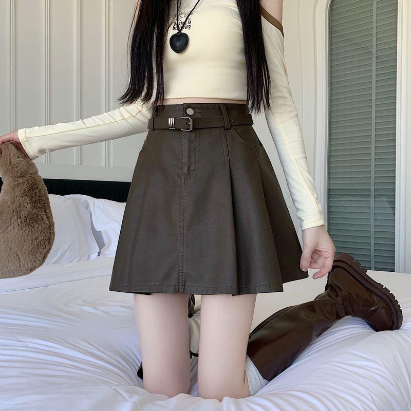 2025 A/W High-Waisted PU Leather Pleated Skirt with Belt – Versatile, Anti-Exposure, Slimming Short Skirt