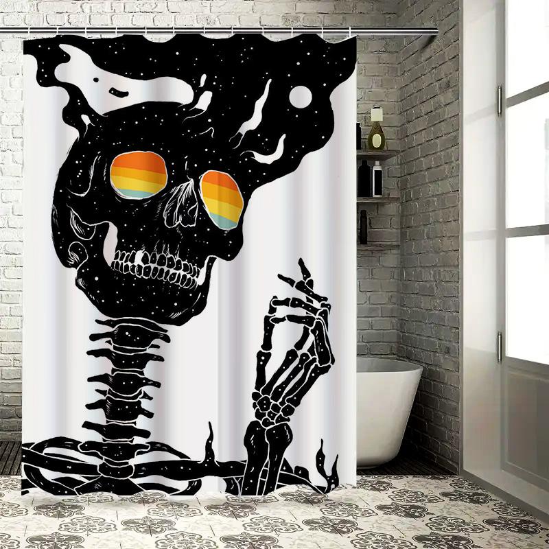 Black White Gothic Skull Shower Curtain with Rainbow Eyes Halloween Decor for Bathroom Perfect Gift Idea