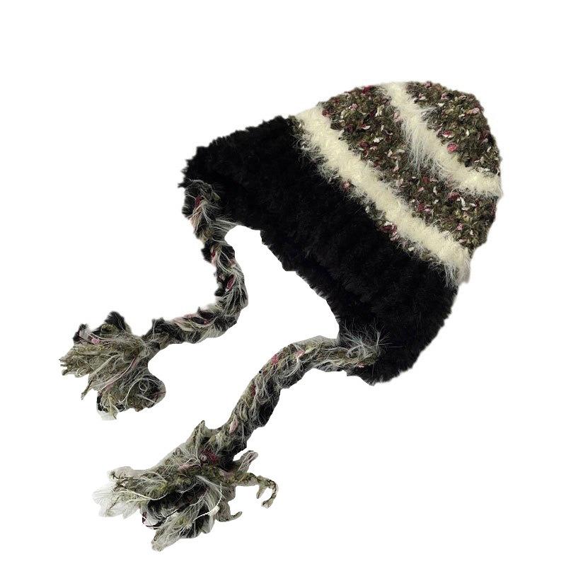 Striped splicing knitted ear protector children autumn and winter thickened warm wool cap pullover cap plush Lei Feng hat tide