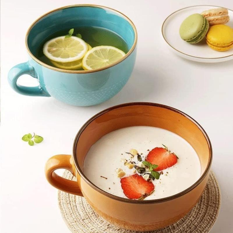 700ml Large Capacity Ceramic Soup Mug Vintage Orange Breakfast Bowl Cup Microwave Safe Oatmeal Yogurt Cereal Cup With Handle