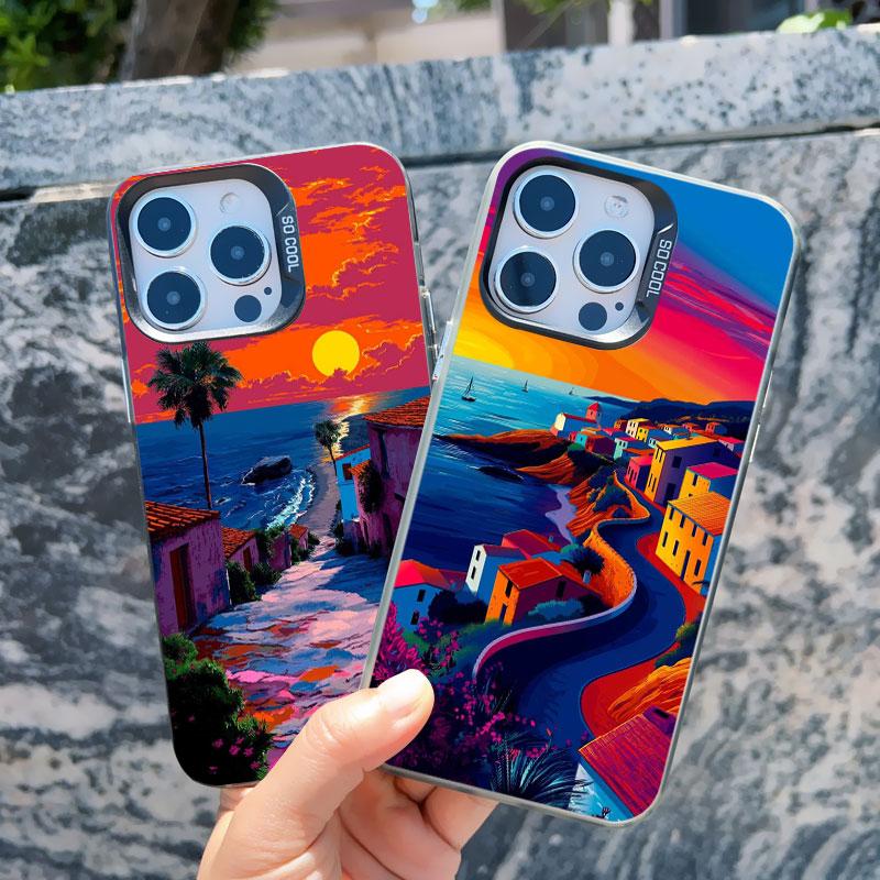 Luxury Sunset Island Scenery Phone Case for iphone 13 Mini 12 11 Pro Max 15 14 Pro Max Plus Landscape Matte Laser Covers Fundas