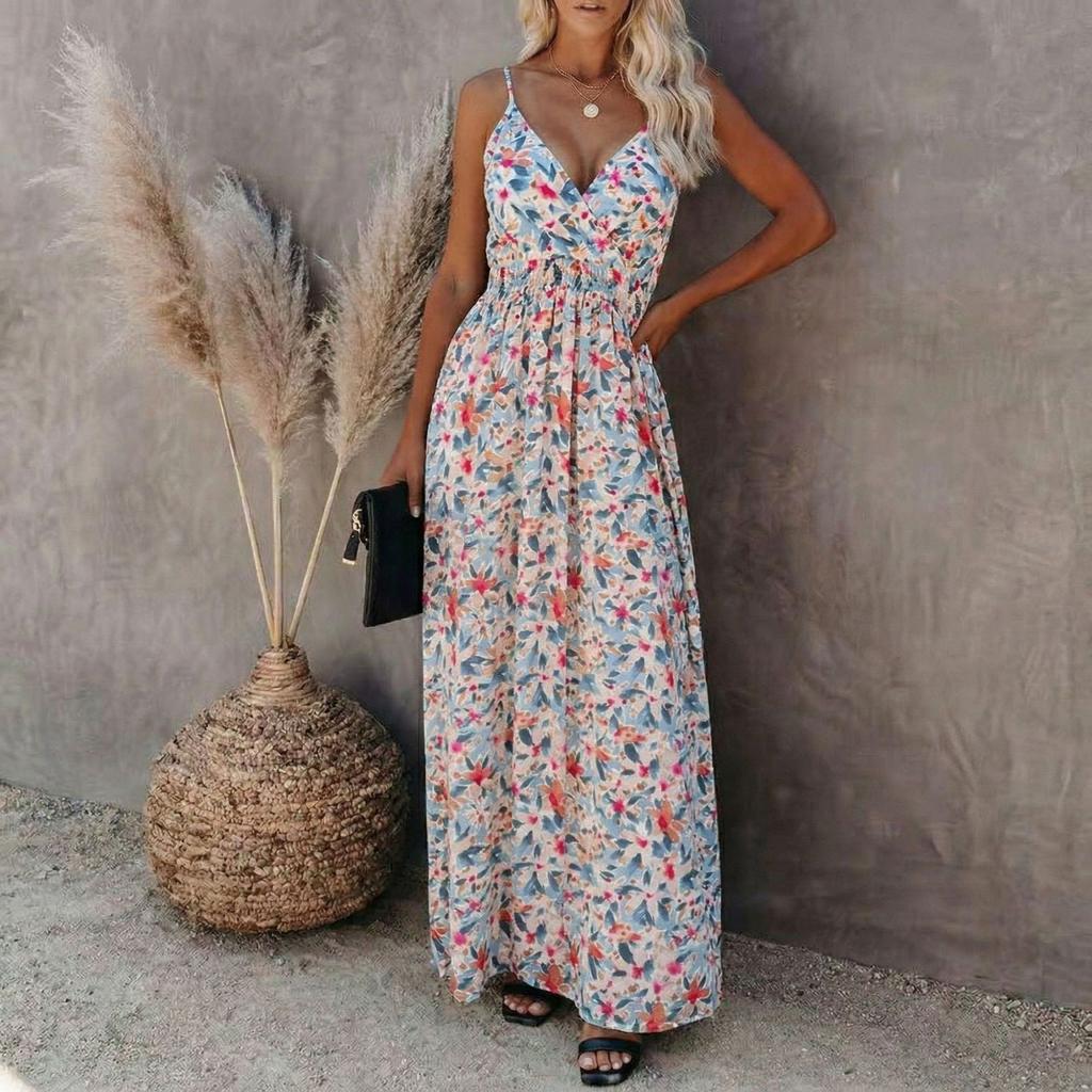 Women’s Floral Print Maxi Dress Sleeveless V Neck Adjustable Spaghetti Strap Long Summer Dress Casual Loose Fit Beachwear